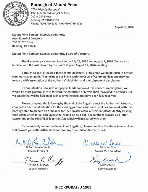 Mt. Penn Borough Settlement Response Letter